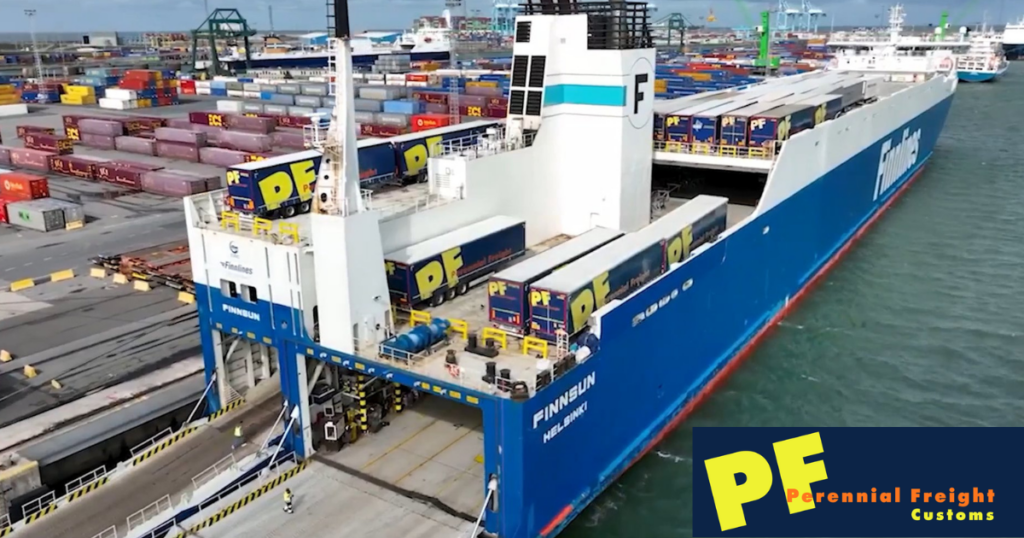 A ferry carrying many Perennial Freight trailers on the deck